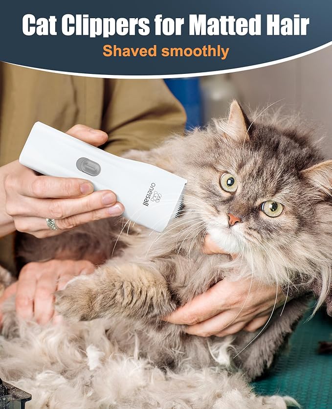 oneisall Pet Clipper for Cat Matted Hair, Pet Shaver for Cats Quiet Pet Clippers Waterproof Cordless Cat Clippers for Matted Hair Long Hair with Storage Bag (White)-Mewly Pet