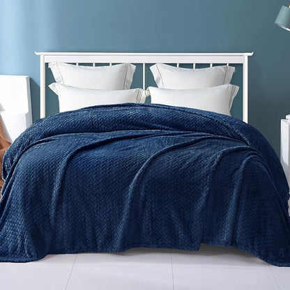 Exclusivo Mezcla Fleece Queen Size Blanket for Bed, 90x90 Inches Soft Cozy Jacquard Flannel Blankets, Lightweight Fuzzy Plush Warm for Winter, Navy Blue
