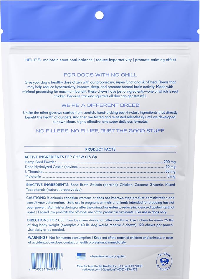 Native Pet Calming Chews for Dogs - Melatonin for Dogs Anxiety Relief - Grain Free All Natural Hemp Calming Treats & L-Theanine Helps Manage Stress & Separation Anxiety - Puppy Sleep Aid - 120 Chews-Mewly Pet