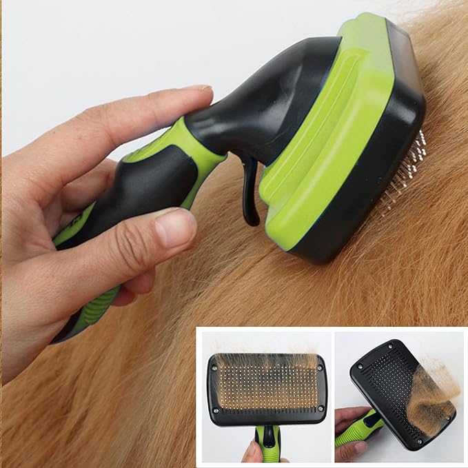 Dog Brush Kit for Grooming Short & Long Haired Dogs & Cats, 4-in-1 Pet Grooming Set with Self-Cleaning Slicker Brush, Deshedding Tool, Shampoo Bath Comb, Massge Comb (Green Black)-Mewly Pet