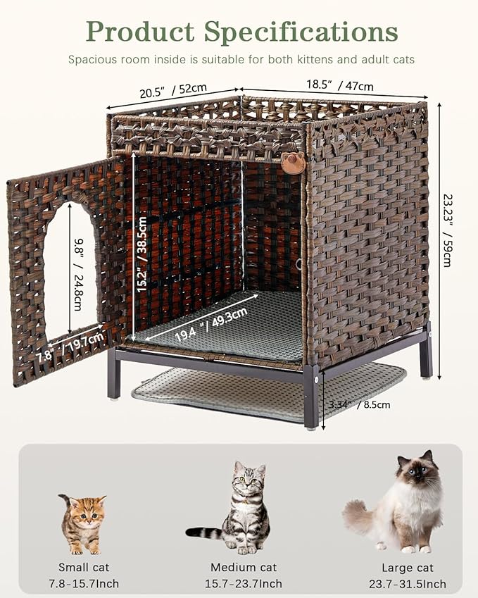 Cat Litter Box Enclosure Hidden Litter Box Furniture with Metal Heightened Feet, Rattan Handwoven Cat House with Litter Mat, Hidden Litter Box Furniture for Bedroom Living Room Brown-Mewly Pet