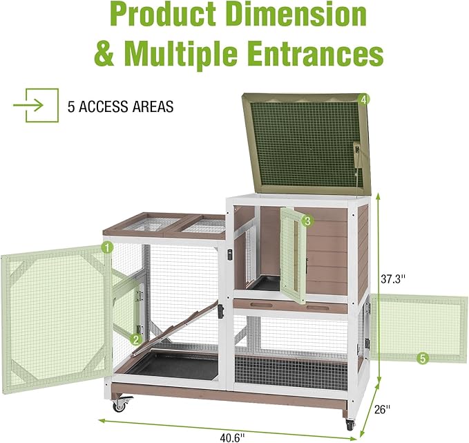 Wooden Rabbit Hutch with Two Story, Bunny Cage with Leak-Proof Trays, and Chew-Proof Ramp, Guinea Pig Cage with Wheels, Suitable for Indoor/Outdoor Use (Brown)-Mewly Pet