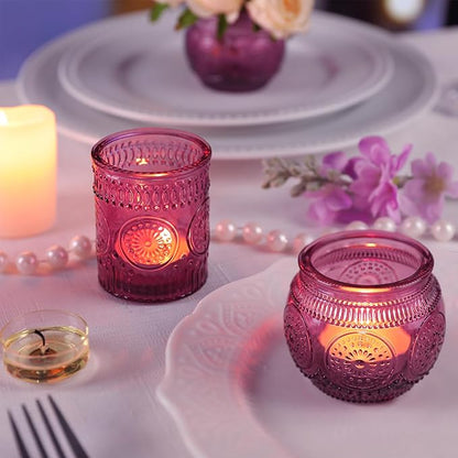 DARJEN 48Pcs Pueple Votive Candle Holders - Vintage Tea Lights Candle Holders, Glass Votives for Party, Wedding Table Centerpieces, Baby Shower Decor & Gift