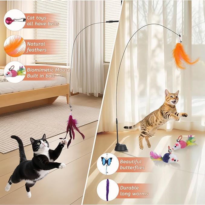 Suction Cup Cat Toys,Interactive Cat Wand with 15Pcs (Feather, Mouse, Butterfly, Worm),Durable Cats Fishing Pole Toy for Indoor Kittens,Fun Stick Toy for Exercise&Play-Mewly Pet
