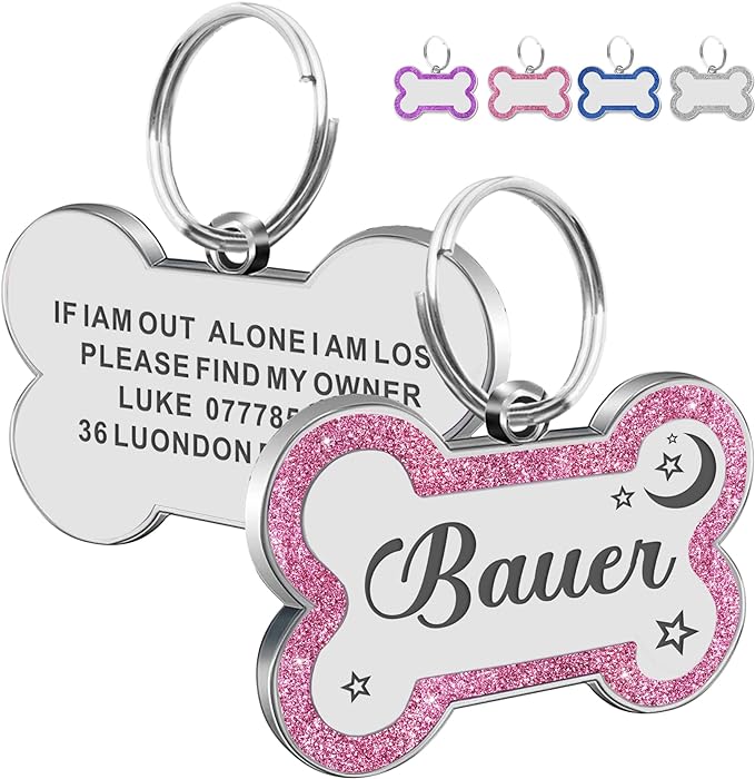 Dog Tags Personalized for Pets Dog Name Tags Personalized Dog Tag Engraved with Any Name & Text Custom Dog ID Tags Glitter Bone ID Tag for Puppy Cat (Pink L, Bone)-Mewly Pet