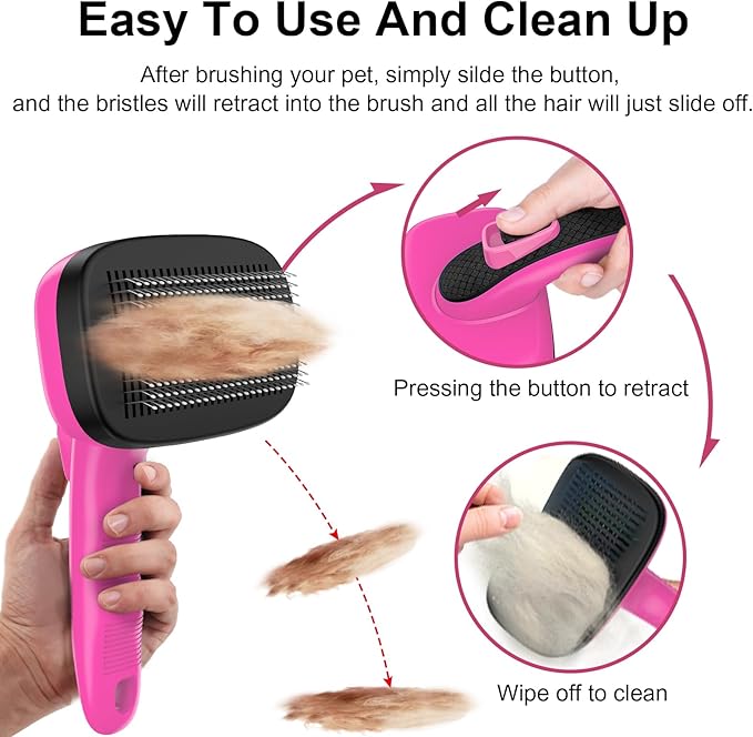 Self Cleaning Slicker Brush for Shedding Long Short Haired Dogs & Cats, Remove Loose Tangling Knot Undercoat Fur Mats, Grooming Brush with Retractable Bristles for Small Medium Large Pet, Pink-Mewly Pet