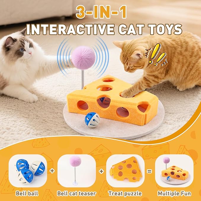 Interactive Cat Puzzle Toy for Indoor Cats & Kittens - Fun Track Balls & Spring Teaser in Stimulating Felt Puzzle Box (Yellow) - Mental Enrichment Game-Mewly Pet