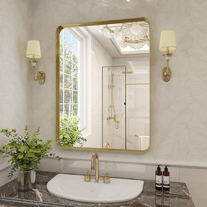 VooBang Bathroom Mirror 30x40 inch, Gold Gorgeous Deep Frame Wall Mirror, Modern Round Corner Bathroom Vanity Mirror for Bedroom, Living Room, Hanging or Leaning Horizontal or Vertical, Gold