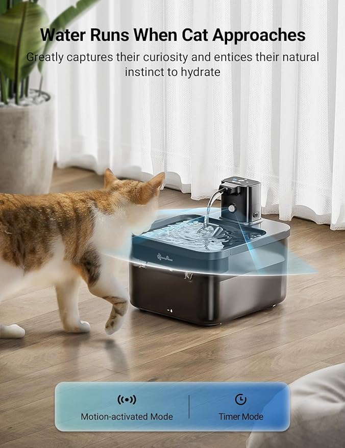 DownyPaws Battery Operated Cat Water Fountain, 84oz/2.5L Fursink Wireless Cat Waterer Fountain with Motion Sensor, BPA-Free, Black with 6 Filters-Mewly Pet