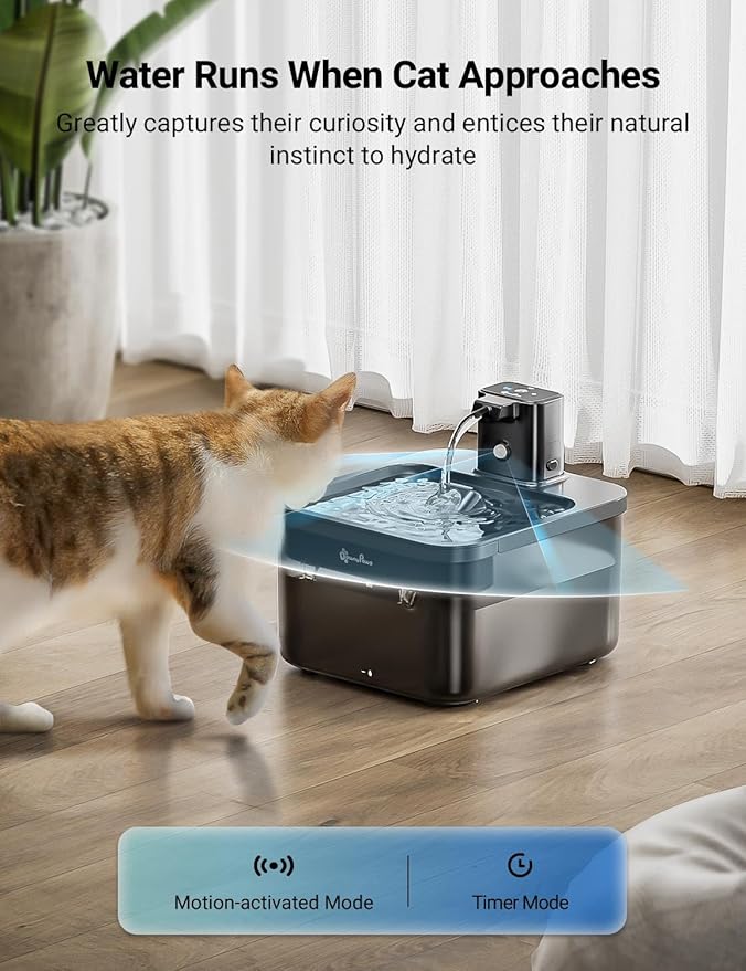 DownyPaws Cat Water Fountain Cordless, 84oz/2.5L Fursink Wireless Pet Water Fountains for Cats Indoor, Battery Operated Cat Drinking Fountain with Motion Sensor, Ultra Quiet Pump, BPA-Free, Black-Mewly Pet