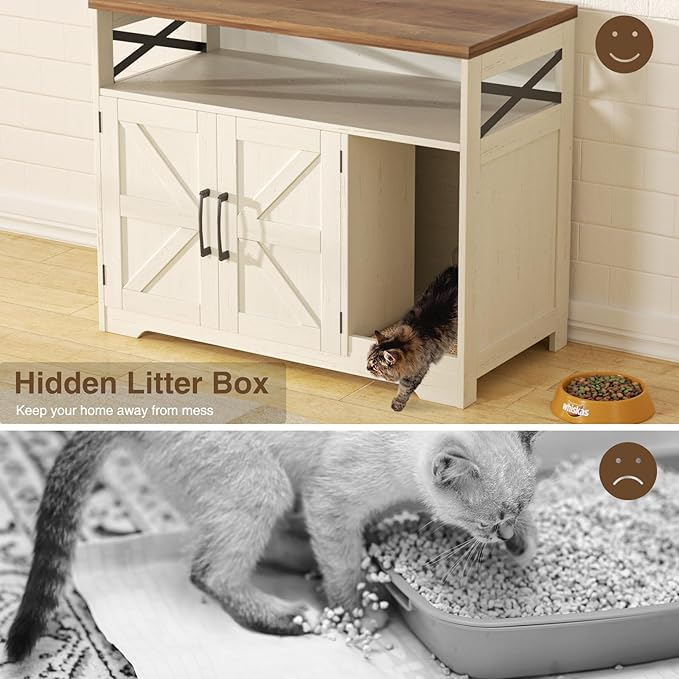 Cat Litter Box Enclosure, Hidden Litter Box Furniture with Scratch Pad, Farmhouse Indoor Cat House Washroom End Table, White-Mewly Pet