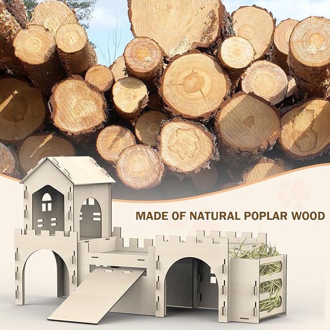 Large Bunny House and Hideouts, Wooden Dual-Layer Rabbit Castle with Stair, Rubber Band-Free Setup - chew-Proof, Sturdy Habitat for Guinea Pig Chinchilla Ferret (Rabbit House with Hay Feeder)-Mewly Pet