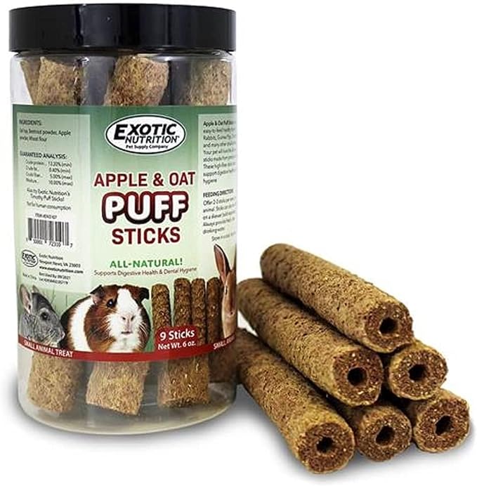 Apple & Oat Puff Sticks (6 oz.) - Healthy Natural High Fiber Chew Treat Made with Oat Hay - Rabbits, Guinea Pigs, Hamsters, Chinchillas, Degus, Prairie Dogs, Squirrels, Skunks, Opossums, Small Pets-Mewly Pet
