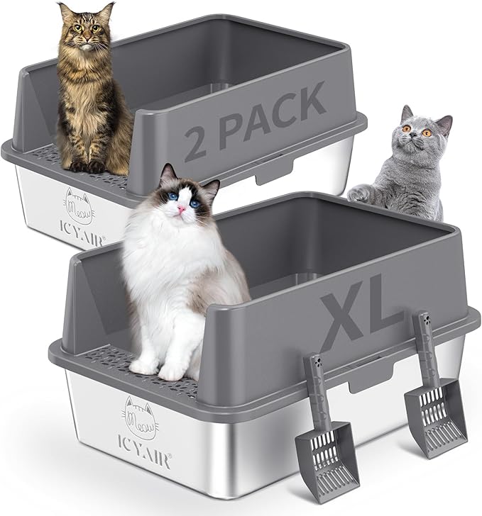 2PACK Stainless Steel Cat Litter Box with High Sides Lid, Extra Large XL Litter Box for Big Cats, Metal Kitty Litter Boxes with Anti-Leakage Enclosure,Non-Stick,Odorless,Scoop Included-Mewly Pet