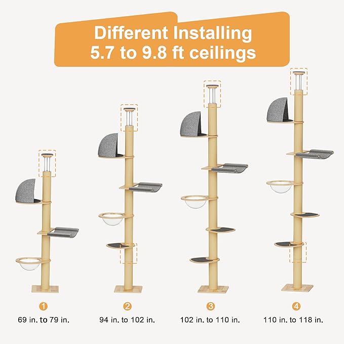 FUKUMARU Floor to Ceiling Cat Tree, 6 Level Adjustable Height (5.7-9.8 ft) Climbing Tower with Thickened Scratching Posts, Cats Activity Center with Transparent Capsule and Cozy Hammock-Mewly Pet