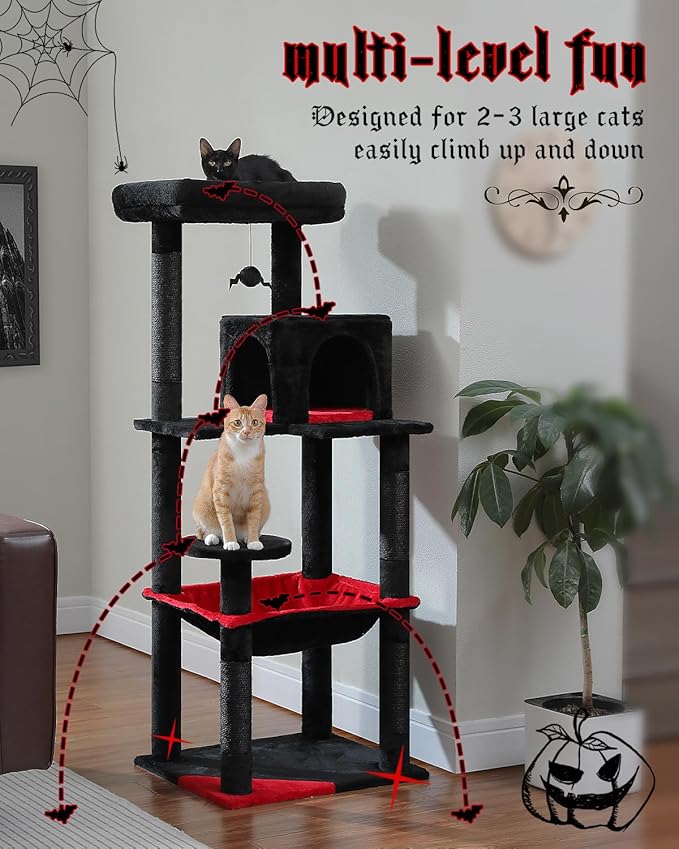 Gothic Cat Tree with Super Large Hammock, 56.3" Black Cat Tower with Coffin Bed, Cat Condo, Sisal Scratching Posts & Top Perch, Multi-Level Goth Cat Tree, Halloween, Black-Mewly Pet