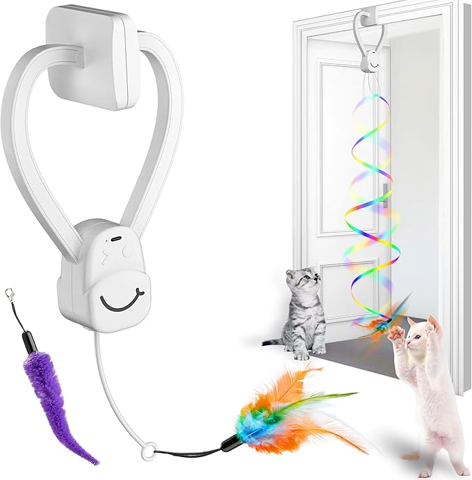 Interactive Cat Toys for Indoor Cats,Enrichment Stimulation Toys, Electric Hanging Door Clip Ribbon Kitty Toy,Automatic Play Chase Exercise Feather Toys for Bored Indoor Adult & Kitten Cats（White）-Mewly Pet