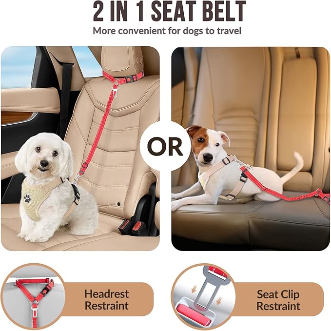 SlowTon Dog Seat Belt for Car, 2 Pack Dog Car Harness Seatbelt Adjustable with Elastic Bungee Buffer, 2 in 1 Pet Car Leash Headrest Restraint Dog Reflective Safety Tether (S, Red, Headrest+Clip)-Mewly Pet