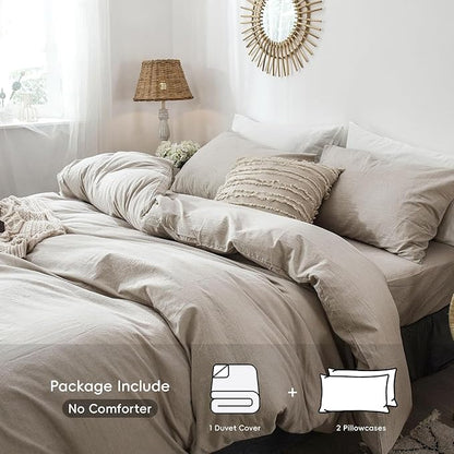MooMee Bedding Duvet Cover Set 100% Washed Cotton Linen Like Textured Breathable Durable Soft Comfy (Heathered Tannish Linen Grey, Super Queen 90"x98")