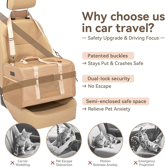 Petsfit 19x12x12 Pet Carrier for Large Cats (up to 20 lbs), Soft-Sided Small Dog Travel Carrier, Upgraded with Patented Buckle and Soft Padding, Ideal for Car Road Trips,Khaki-Mewly Pet