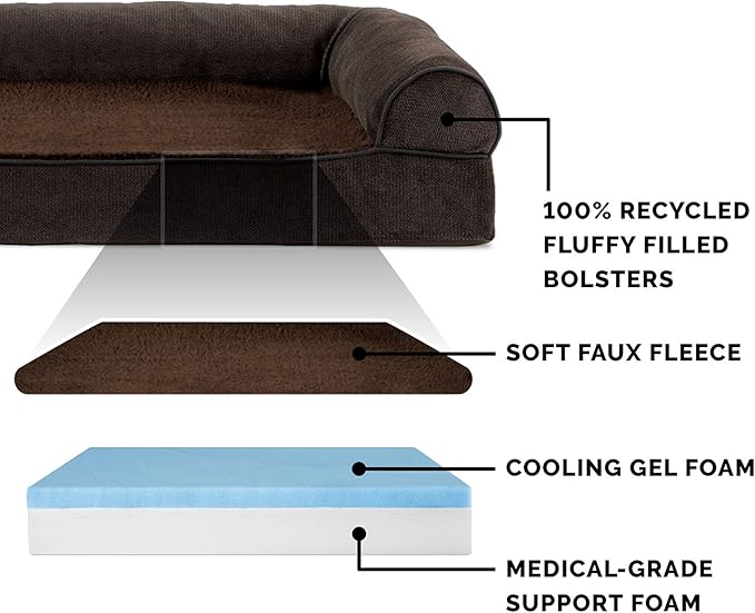 Furhaven Cooling Gel Dog Bed for Large Dogs w/ Removable Bolsters & Washable Cover, For Dogs Up to 95 lbs - Sherpa & Chenille Sofa - Coffee, Jumbo/XL-Mewly Pet