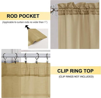 OVZME Gold Sheer Curtains 63 Inches Long 2 Panels - Soft Light Filtering Window Sheer Panels for Living Room/Bedroom, Top Dual Rod Pocket, 1 Pair, Each 42Wx63L Inches