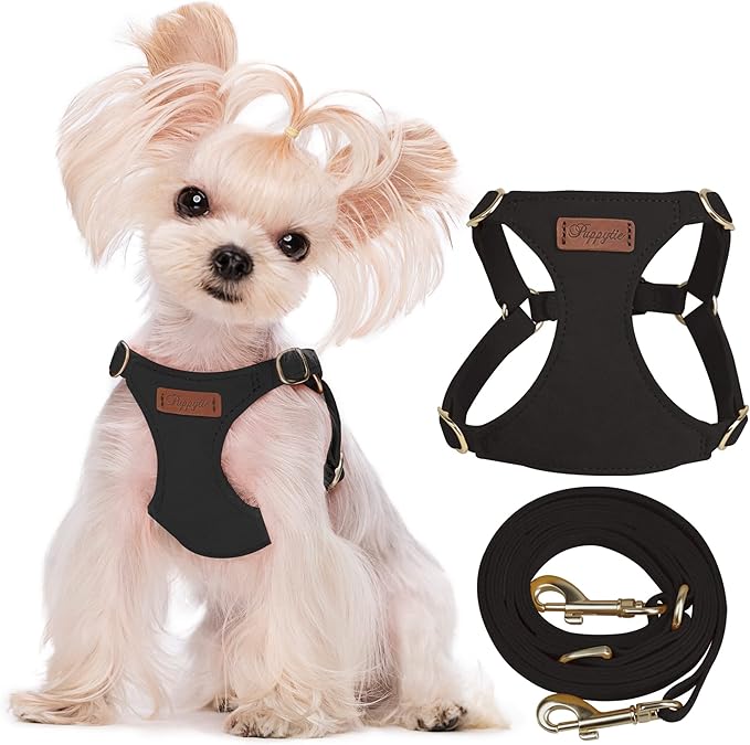 Puppytie No Pull XXS Puppy Harness with Multifunction Dog Leash,Soft Adjustable No Choke Escape Proof Pet Harness Vest,Black,XXS-Mewly Pet