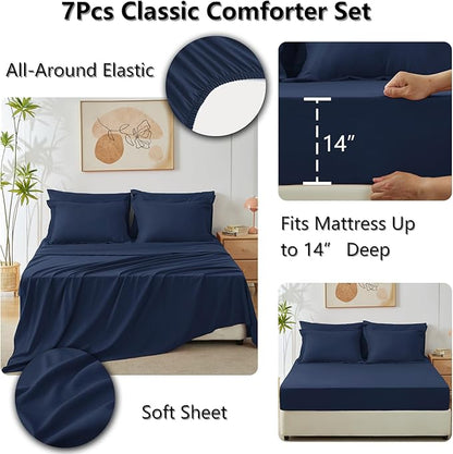 CozyLux King Size Comforter Set Navy Blue - 7 Pieces Bed in a Bag King, Luxury Soft Bed Set for All Seasons, Bedding Set with Down Alternative Comforter, Sheets, Pillowcases & Shams