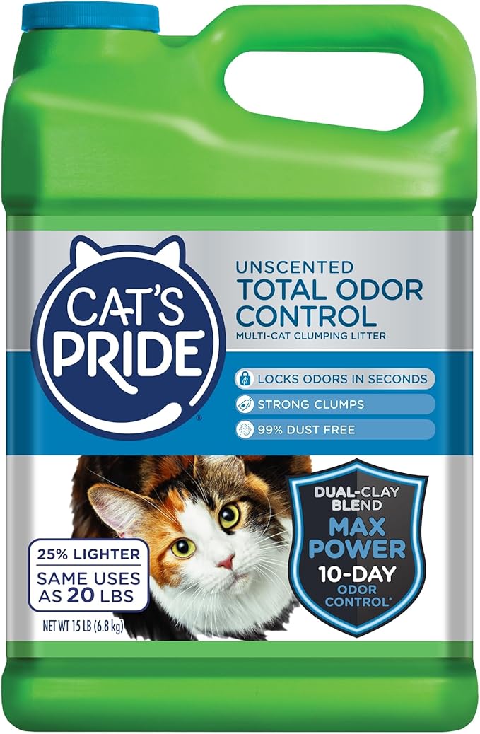 Cat's Pride Max Power: Total Odor Control - Up to 10 Days of Powerful Odor Control - Strong Clumping - Hypoallergenic - 99% Dust Free - Multi-Cat Litter, Unscented, 15 Pounds-Mewly Pet