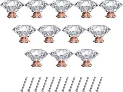 12-Pack Crystal Glass Cabinet Knobs for Home Decor, Vanity Drawers, Desks, Wardrobe Doors, Standard Screws Easy Installation for Home Refurbishment and Redecoration (Clear Crystal, 30mm, Pink Base)