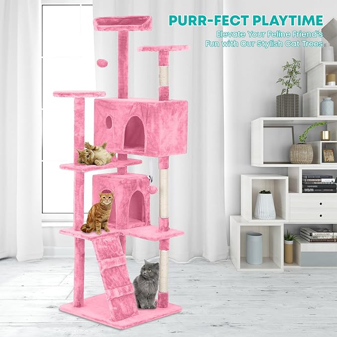 FDW Cat Tree 70in Cat Tower Multi-Level Durable Cat Scratching Post & Cozy Fun Cat Jumping Platform Space Saving Cat Condo Pet Play House for Indoor Cats,Pink-Mewly Pet