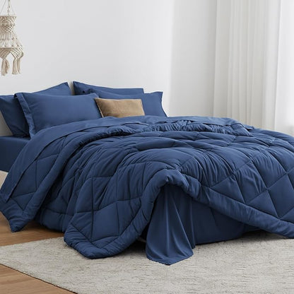 Love's cabin California King Comforter Set Dark Blue, 7 Pieces California King Bed in a Bag, All Season Bedding Sets with 1 Comforter, 1 Flat Sheet, 1 Fitted Sheet, 2 Pillowcase and 2 Pillow Sham