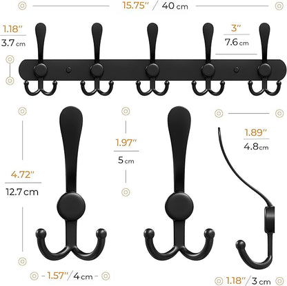 Coat Rack Wall Mount with 5 Tri Hooks, Stainless Steel 16 Inch – Black Matte Finish, Heavy Duty Wall Mounted Hook Rack for Coats, Hats, Towels, Scarves, Robes, Bags, Entryway & Bathroom - 2 Pack