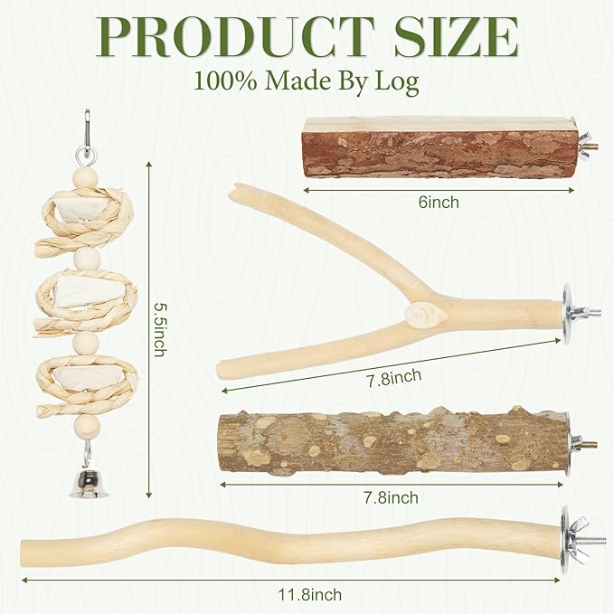 Bird Perches for Cage 6pcs Natural Bird Stand Branch for Cage with Hanging Bridge, Parrot Swing Toys Chewing Climbing Standing Branches Wood Pole Paw Grinding Fork Parakeet Platform-Mewly Pet