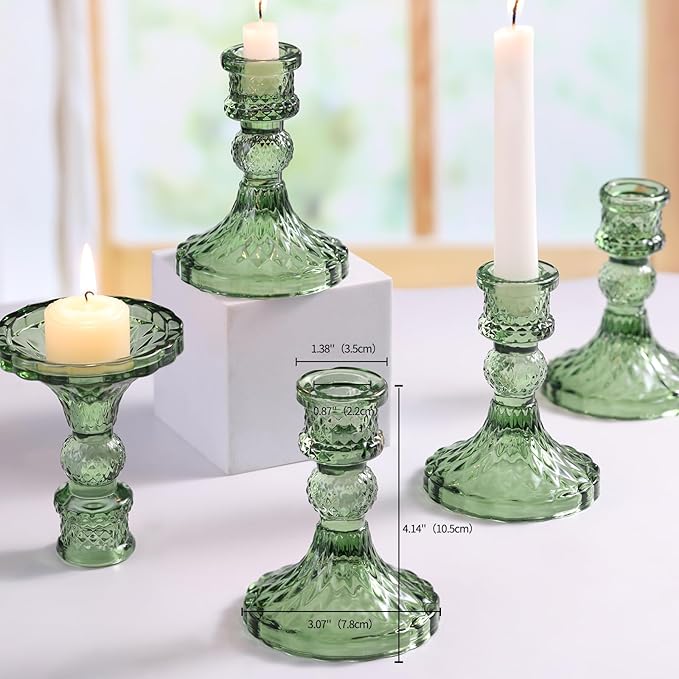 Glass Candle Holder Set of 12, Green Taper Candle Holders Bulk, Vintage Candlestick Holders, Candle Stick Holder for Table Centerpieces, Wedding, Festival & Home Decor
