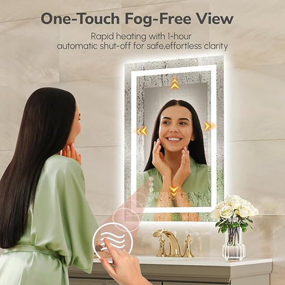 USHOWER LED Bathroom Mirror 20x28 Inch with Lights - Frameless Tempered Glass LED Backlit Lighted Mirror for Bathroom Vanity with Anti-Fog, 3 Colors Dimmable, Memory Function, Wall-Mounted