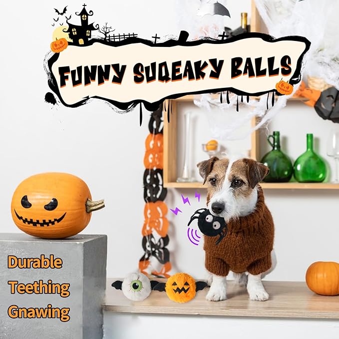 DKING 3Pack Squeaky Dog Balls,2 in1 Funny Puppy Ball Toys,Birthday Dog Toy for Small Medium Dogs (Halloween Ball)-Mewly Pet