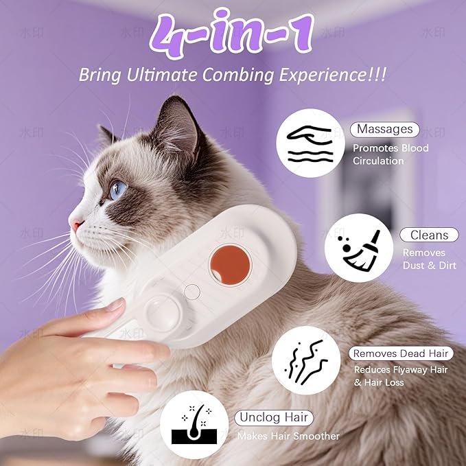 4 in 1 Cat & Dog Steam Brush Kit with 2 Comb Heads - Rechargeable Grooming Brush for Long/Short Hair Shedding, Anti-Static Steam Spray & Foldable Handle, Pet Spa Cleaning Tool (Purple)-Mewly Pet