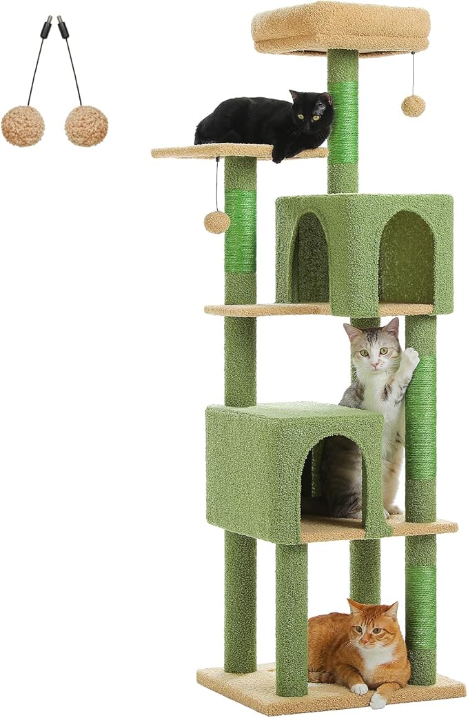 Cactus Cat Tree, 62-Inch Tall Multi-Level Cat Tower with Scratching Posts, Cat Condos for Large Indoor Cats, Plush Cat Bed w/Padded Perches, Scratching Pad & 2 Green Pompoms, Green-Mewly Pet