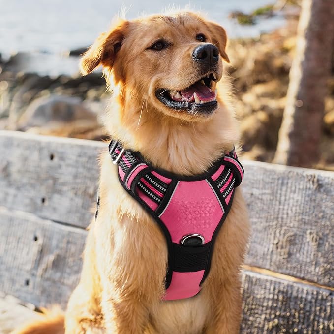 rabbitgoo Dog Harness for Large Dogs, No Pull Pet Vest with 3 Buckles, Adjustable Soft Padded Pet Harness with Easy Control Handle and Reflective Strips, Pink, XL-Mewly Pet