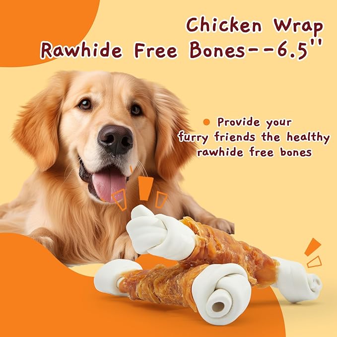 Jungle Calling Rawhide Free Dog Bones, 6.5" Real Chicken Wrapped Dog Chew Bones for Medium and Large Dogs Training Treats-Mewly Pet