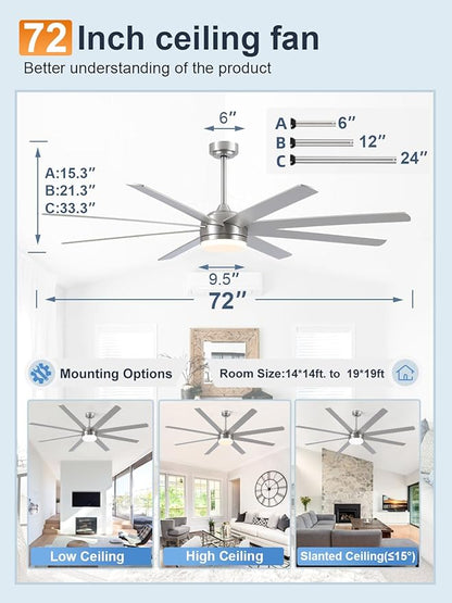 YUHAO 72 Inch Brushed Nickel Ceiling Fan with Light and Remote Control.Noiseless,Dimmable,3CCT,6 Speeds Reversible, DC Ceiling Fans for Indoor or Covered Outdoor