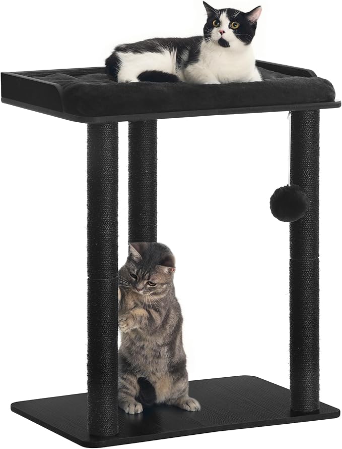 FourFurPets 26.7in Cat Tree Tower Condo, Cat Scratch Posts for Indoor Cats, Big Plate, Three 23.6in Full Sisal Scratching Posts, Black-Mewly Pet