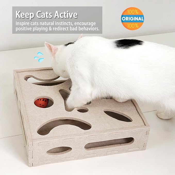 PETKARAY Felt Cat Puzzle Toy, Interactive Cat Toys for Indoor Cats, Interactive Maze for Kitten Felt Puzzle Box with Ball, Beige-Mewly Pet
