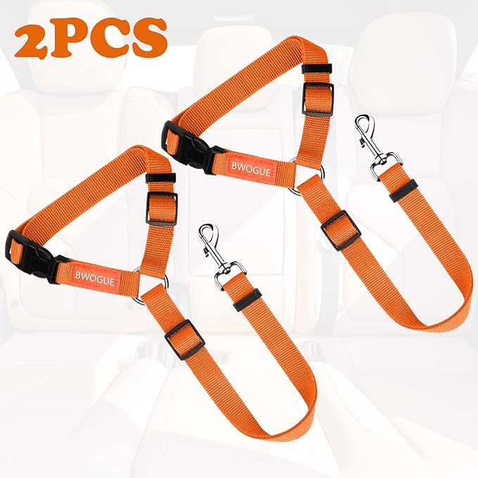 BWOGUE 2 Packs Dog Cat Safety Seat Belt Strap Car Headrest Restraint Adjustable Nylon Fabric Dog Restraints Vehicle Seatbelts Harness Orange-Mewly Pet