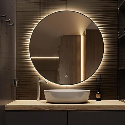 26" Round LED Bathroom Mirror, Wall Mounted Backlit Vanity Mirror with 45° Beveled Frame Lighted Mirror for Bedroom, Fog Free 3-Color Dimmable Lights Memory Function, Black