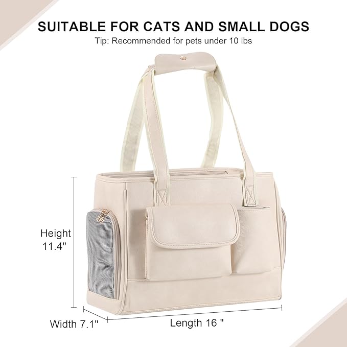 Dog Carrier Purse, Fashion Leather Pet Carrier Bag, Airline Approved Soft Sided Cat Travel Tote Bag with Pockets White-Mewly Pet