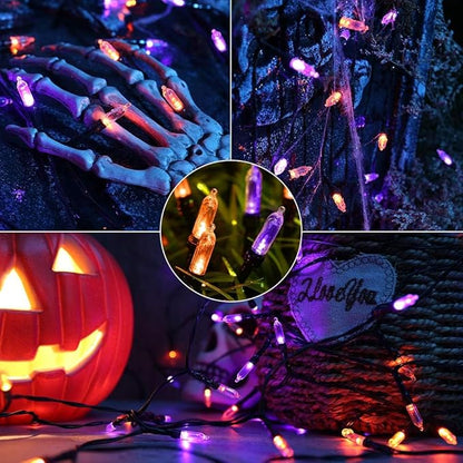 LYHOPE Orange Purple Halloween Lights Indoor, 2 Pack Total 66ft 200 LED Battery Halloween Light with 8 Mode, Timer, Waterproof Battery Operated String Lights for Home Tree Wreaths Party Holiday Decor