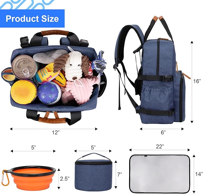 Modoker Dog Travel Bag - Airline Approved Backpack for Pet Accessories Organizer, Tote Weekend Bag with 2 Dog Food Containers, 2 Collapsible Bowls, 1 Pet Mat, Blue-Mewly Pet