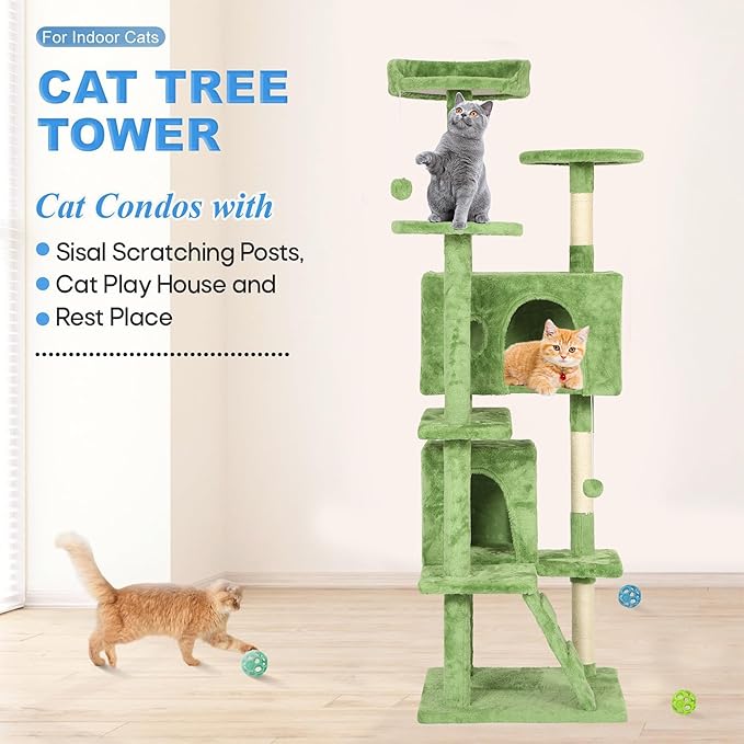 FDW Cat Tree 70in Cat Tower Multi-Level Durable Cat Scratching Post & Cozy Fun Cat Jumping Platform Space Saving Cat Condo Pet Play House for Indoor Cats,Green-Mewly Pet
